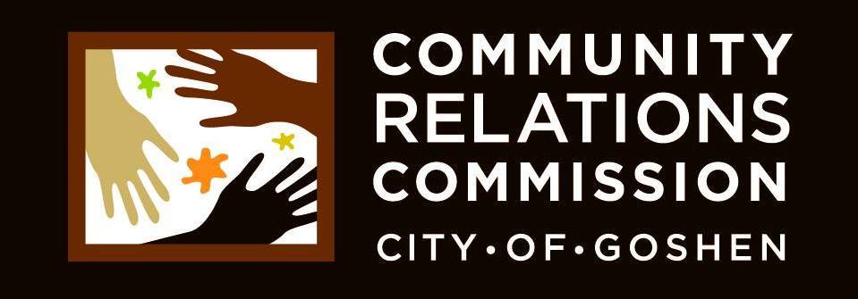 Logo for the CRC, depicting illustration of three hands, flowers. Logo reads Community Relations Commission City of Goshen