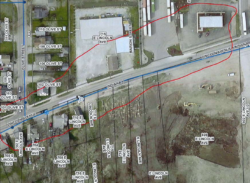 A screenshot from Google Maps showing Lincoln Avenue. A red circle delineates the areas affected by the boil order.