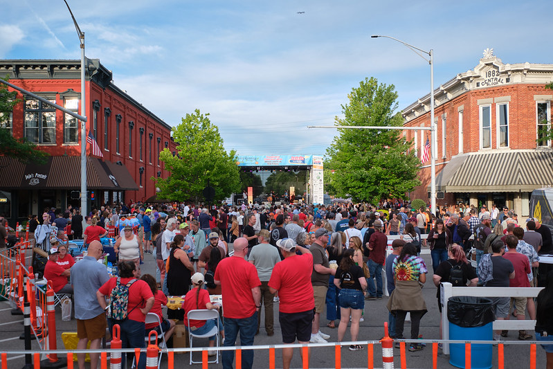 Crowds gather for First Fridays - a community event held downtown every month.