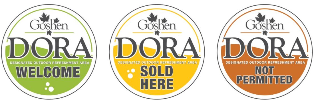 DORA window clings that designate businesses that sell beverages, welcome those with beverages into their store, and those that do not.
