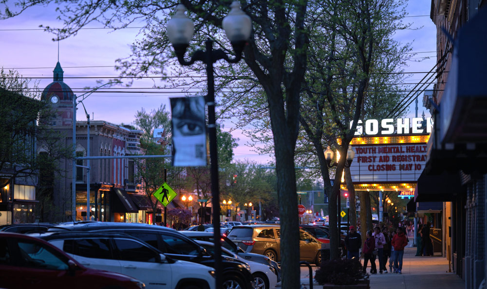 Downtown Goshen in the evening along Main Street