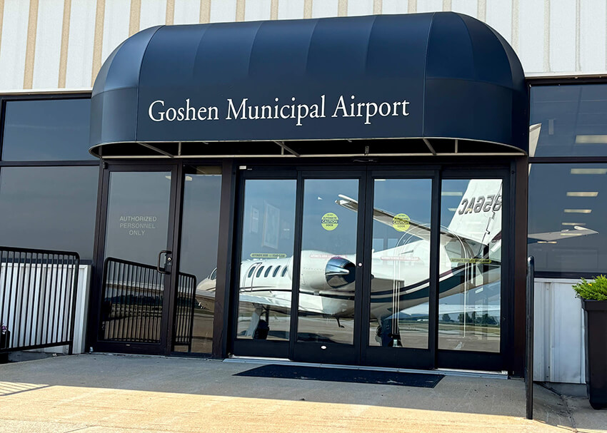 Exterior photo of the Goshen Municipal Airport's front entrance.