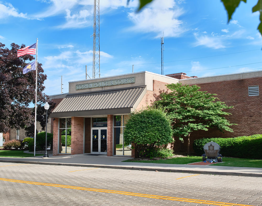An exterior photo of the public entrance to the building
