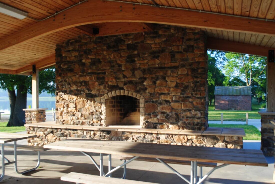 A view of the fireplace in the pavilion