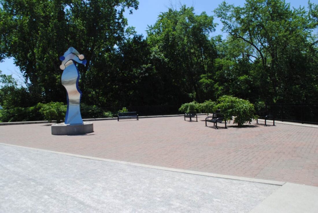 A view of the park patio area which includes a John Mishler sculpture